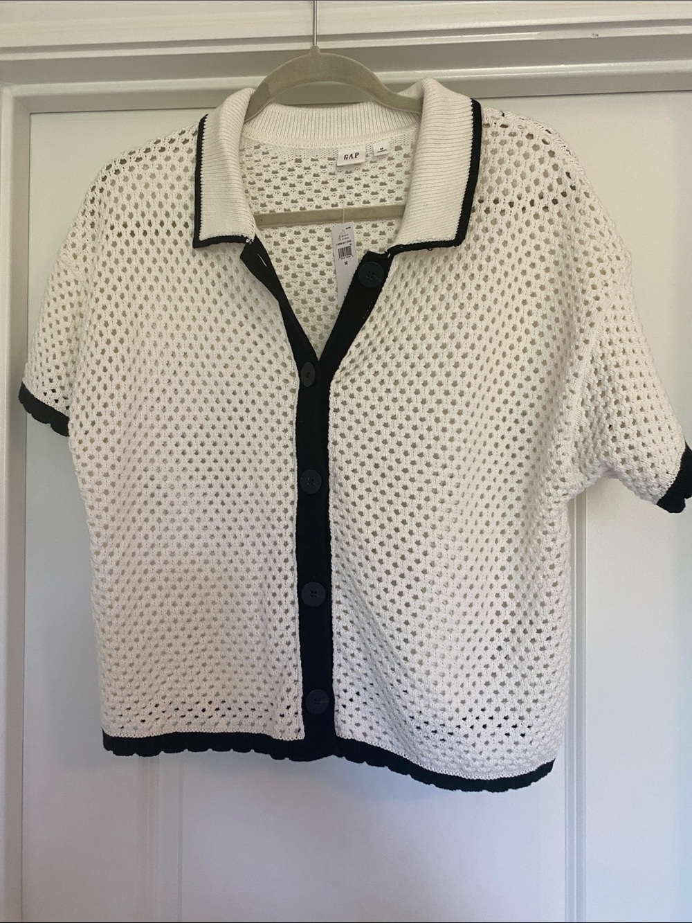GAP White Open-Knit Polo Cardigan with Black Trim